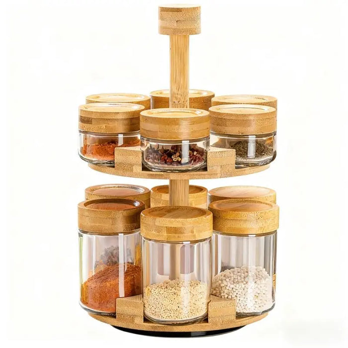 12 Glass Jars Rotating Bamboo Spice Rack Set X1586