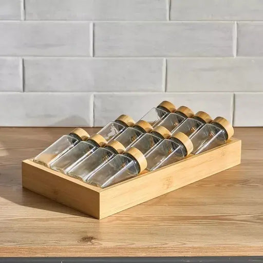 12 Jars Glass Spice Container Set with Bamboo Tray X1579
