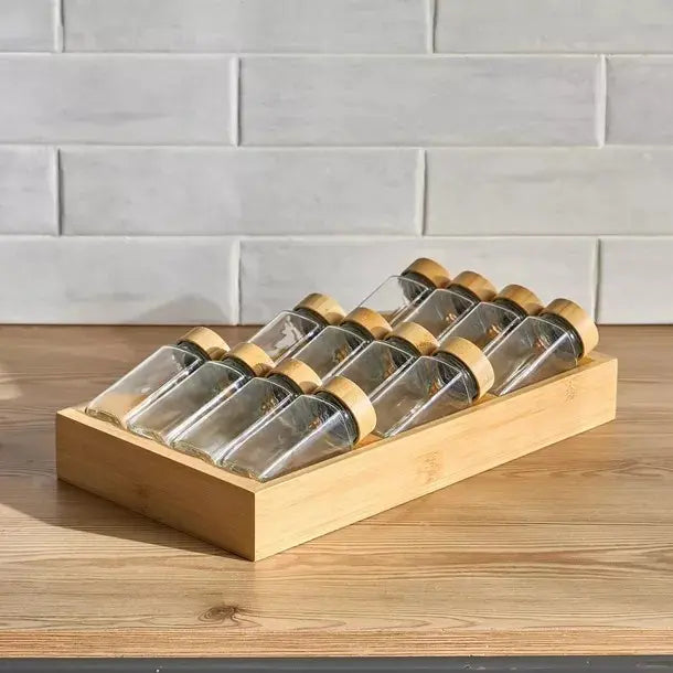 12 Jars Glass Spice Container Set with Bamboo Tray X1579
