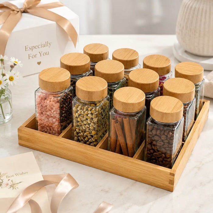 12 Piece Glass Spice Jar Set with Bamboo Lids and Tray X1580