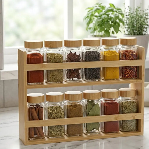 Bamboo Spice Rack Set with 12 Jars Glass Containers X1578