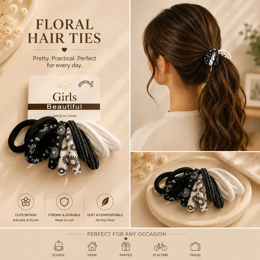 Daisy 10 Hair Ties Set – Black & White DG106