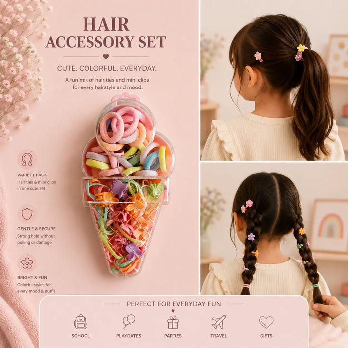 Kids Hair Accessory Set of Mini bands and Clips In a Cone Shape Pack  DG117