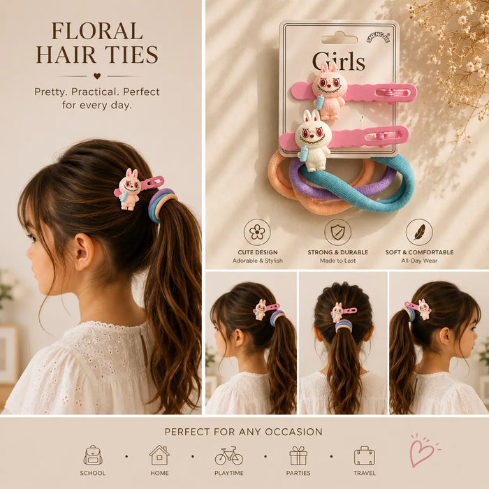 Kids Labubu Hair Accessory Set 2 Clips + 4 Bands DG103
