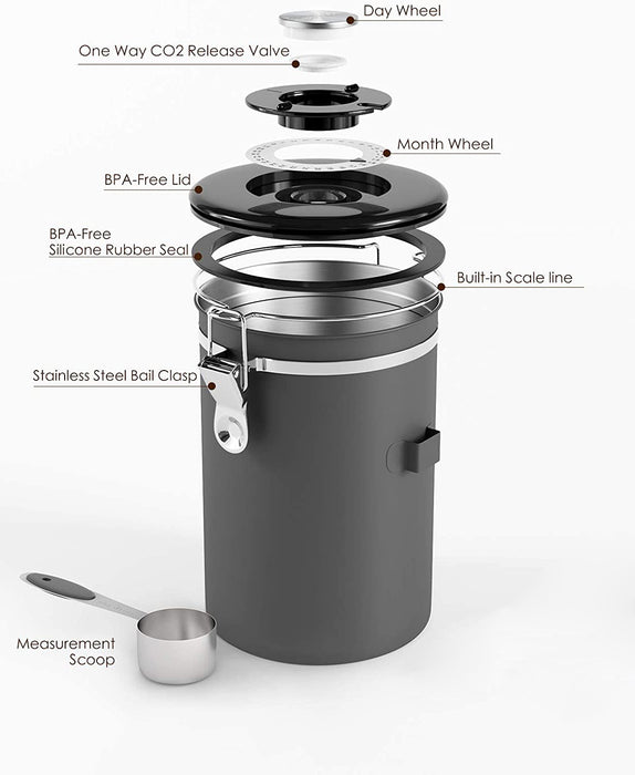 1.5L Coffee Canister Airtight Storage Container Stainless Steel with Scoop, Date Tracker and CO2 Release Valve X1469