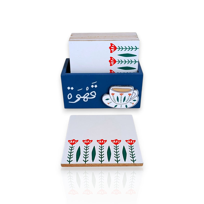Wood 6pcs Coaster Set Blue Traditional Lebanese Design  X1479