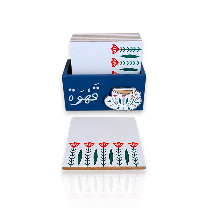 Wood 6pcs Coaster Set Blue Traditional Lebanese Design  X1479