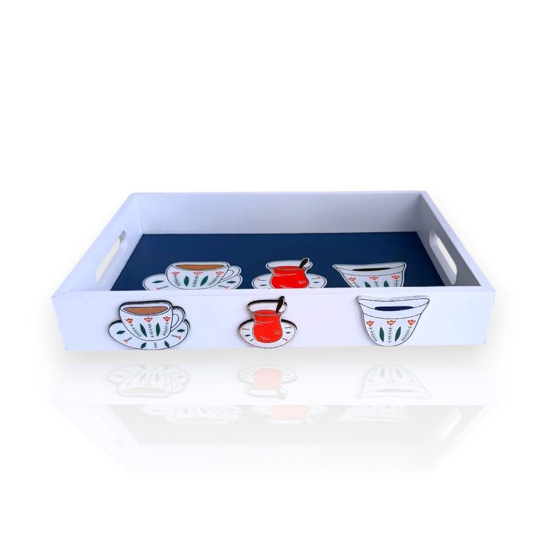 Wood 2pcs Tray Set Blue Traditional Lebanese Design X1483
