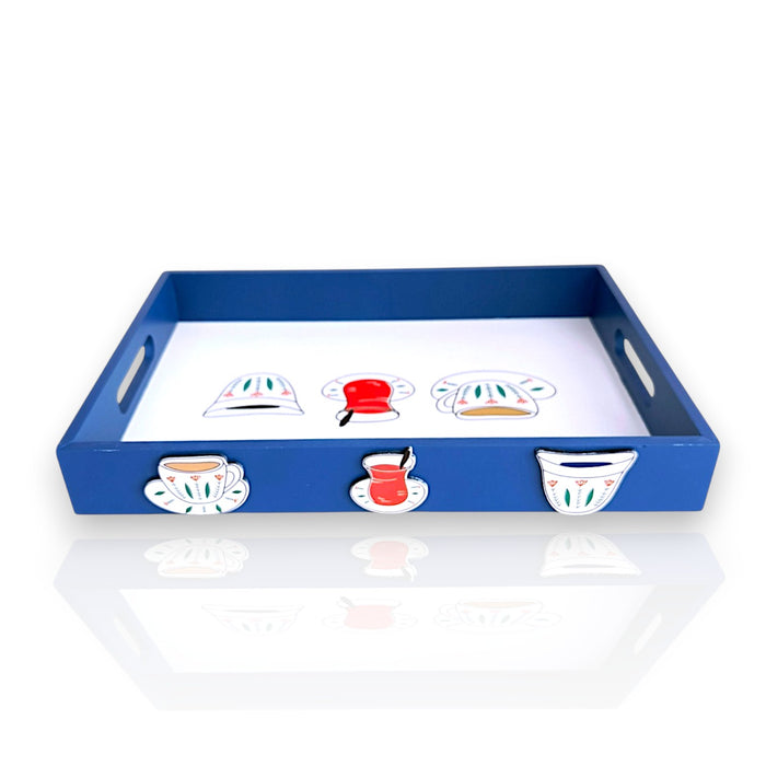 Wood 2pcs Tray Set Blue Traditional Lebanese Design X1483