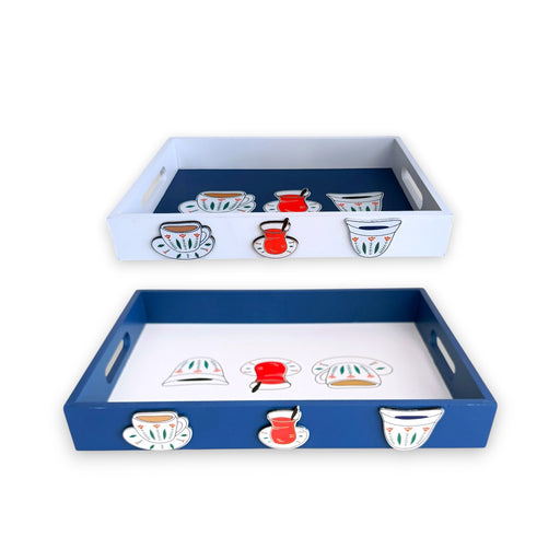 Wood 2pcs Tray Set Blue Traditional Lebanese Design X1483