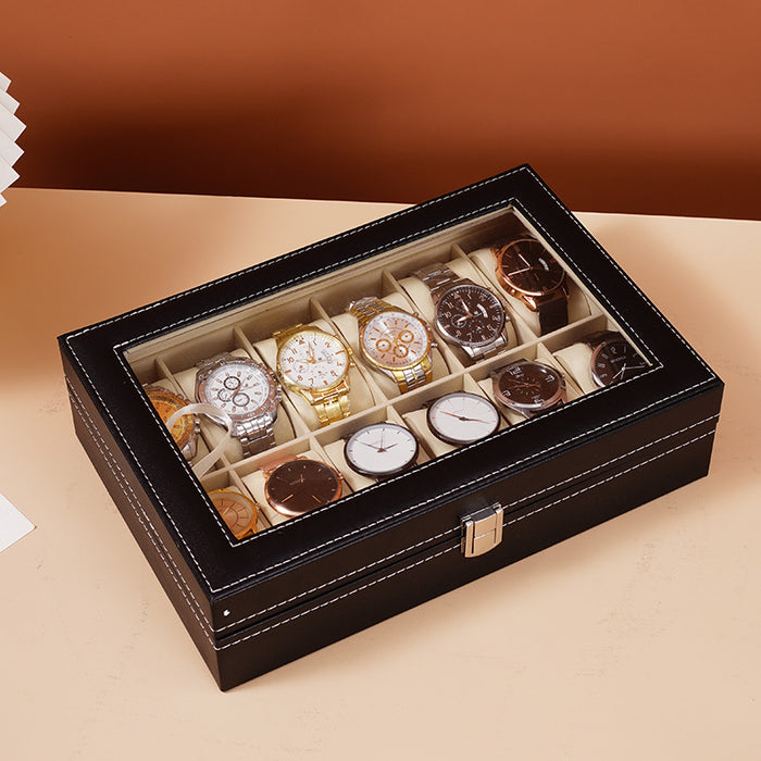 Black Leather Watch Box - For 12 Watches X1494