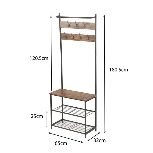 Entryway Shoe Bench with Coat Rack, Freestanding Wood Finish Hall Tree with Metal Storage Shelf No. YP-704  X1534