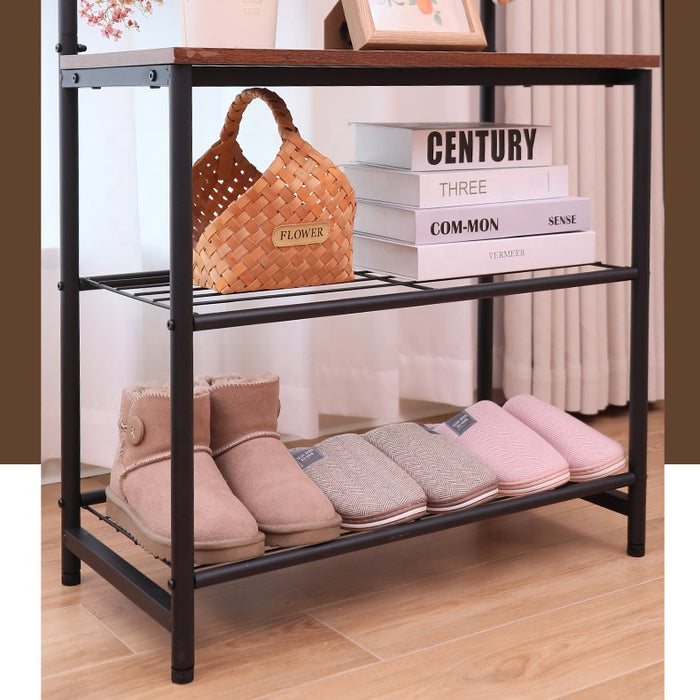 Entryway Shoe Bench with Coat Rack, Freestanding Wood Finish Hall Tree with Metal Storage Shelf No. YP-704  X1534