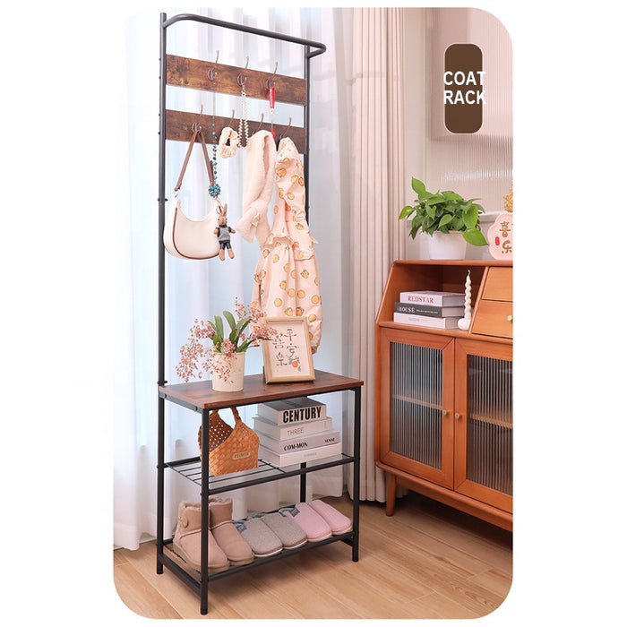 Entryway Shoe Bench with Coat Rack, Freestanding Wood Finish Hall Tree with Metal Storage Shelf No. YP-704  X1534