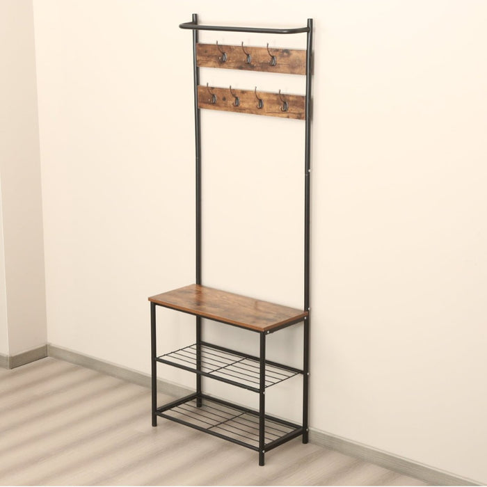 Entryway Shoe Bench with Coat Rack, Freestanding Wood Finish Hall Tree with Metal Storage Shelf No. YP-704  X1534