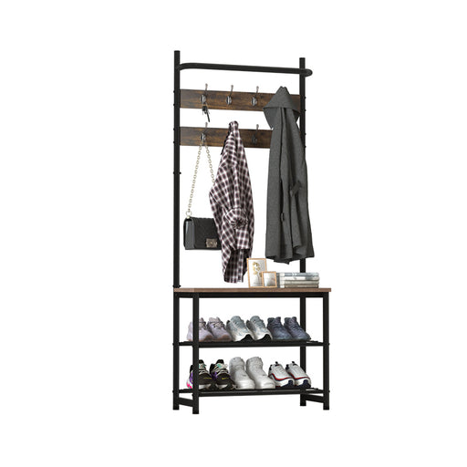 Entryway Shoe Bench with Coat Rack, Freestanding Wood Finish Hall Tree with Metal Storage Shelf No. YP-704  X1534
