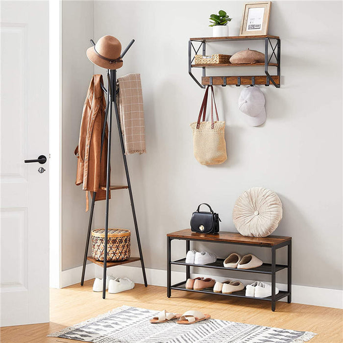 Coat Rack Freestanding Hanger Stand, Hall Tree with 2 Shelves X1538