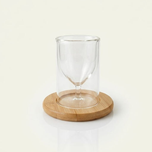 6pcs Double Wall Glass Shot or Tea Cups With Wood Saucer and Wood Tray Set  X1546