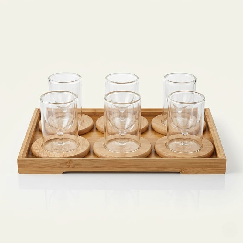 6pcs Double Wall Glass Shot or Tea Cups With Wood Saucer and Wood Tray Set  X1546