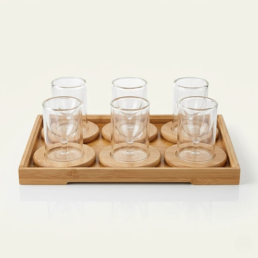 6pcs Double Wall Glass Shot or Tea Cups With Wood Saucer and Wood Tray Set  X1546