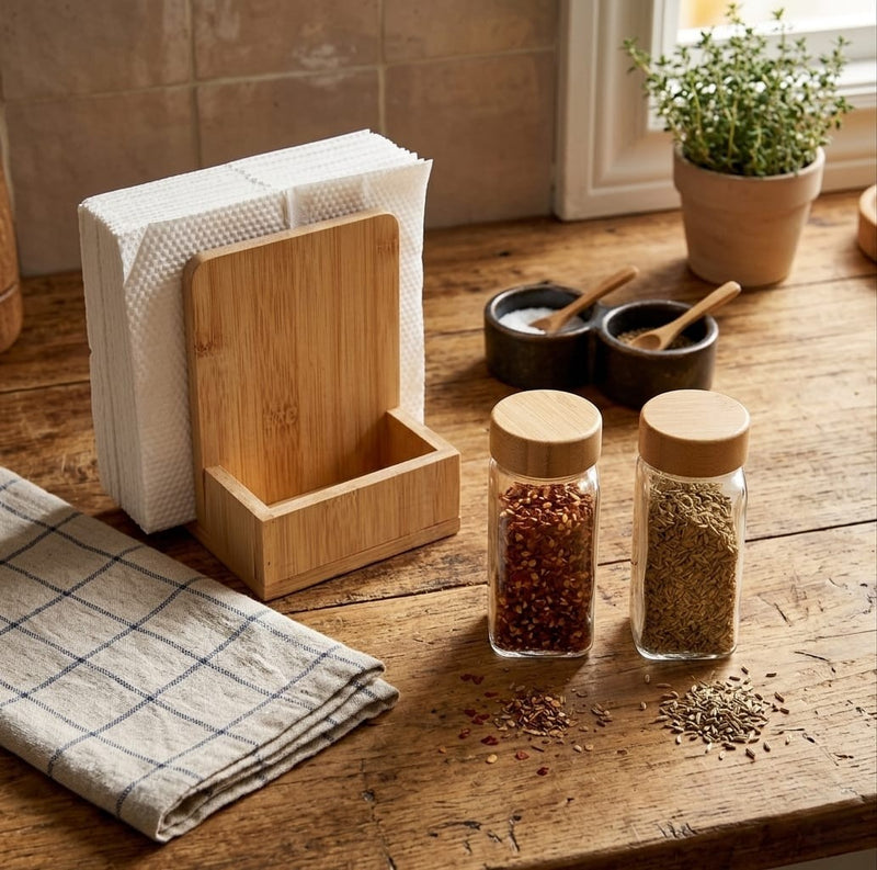 Wood Napkin Holder Stand With 2 Glass Salt and Pepper Shaker X1547