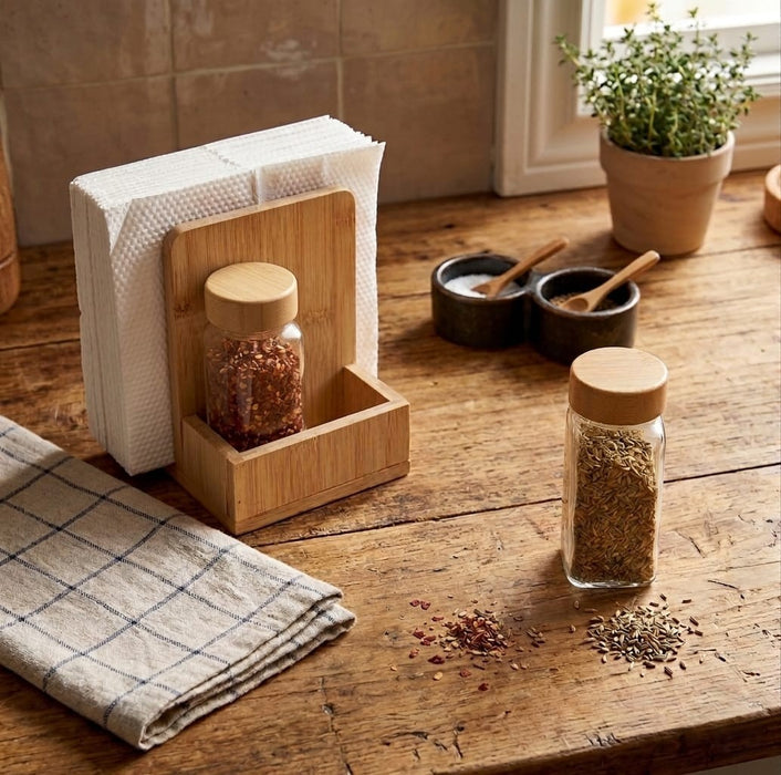 Wood Napkin Holder Stand With 2 Glass Salt and Pepper Shaker X1547