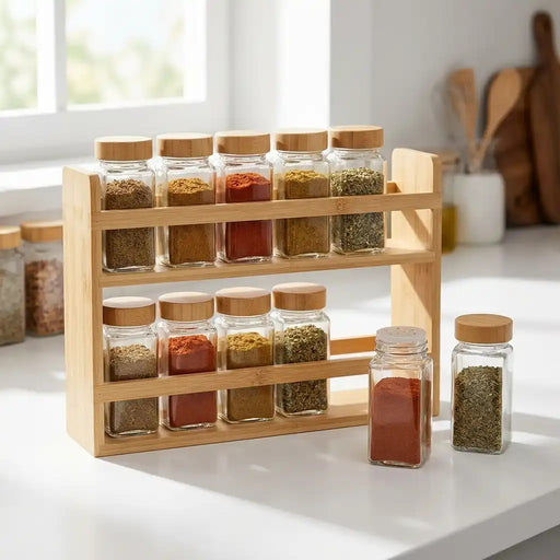 Bamboo Spice Rack Set with 12 Jars Glass Containers X1578
