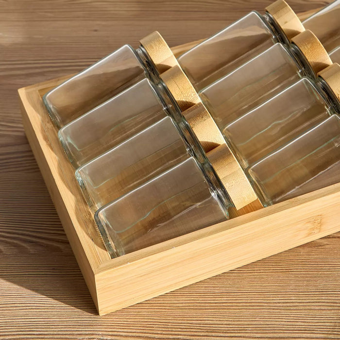 12 Jars Glass Spice Container Set with Bamboo Tray X1579