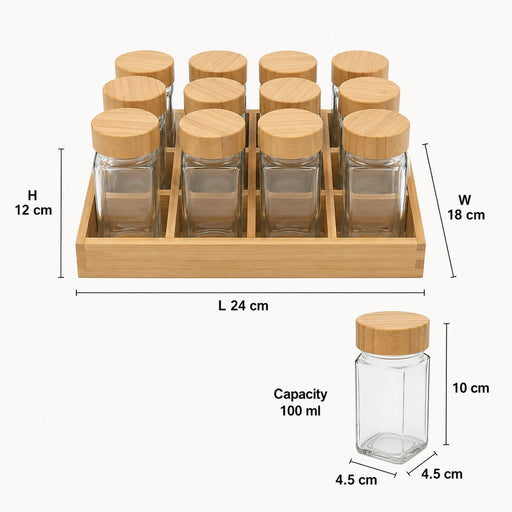 12 Piece Glass Spice Jar Set with Bamboo Lids and Tray X1580