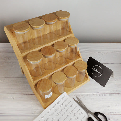 12pcs Glass Spice Jar Set with 3-Tier Bamboo Rack X1584