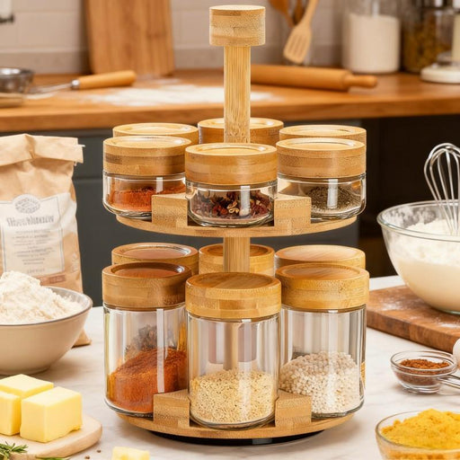 12 Glass Jars Rotating Bamboo Spice Rack Set X1586