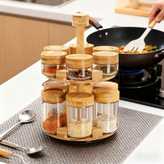 12 Glass Jars Rotating Bamboo Spice Rack Set X1586