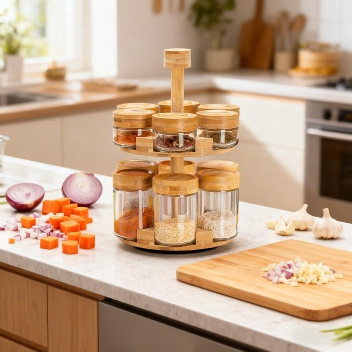 12 Glass Jars Rotating Bamboo Spice Rack Set X1586
