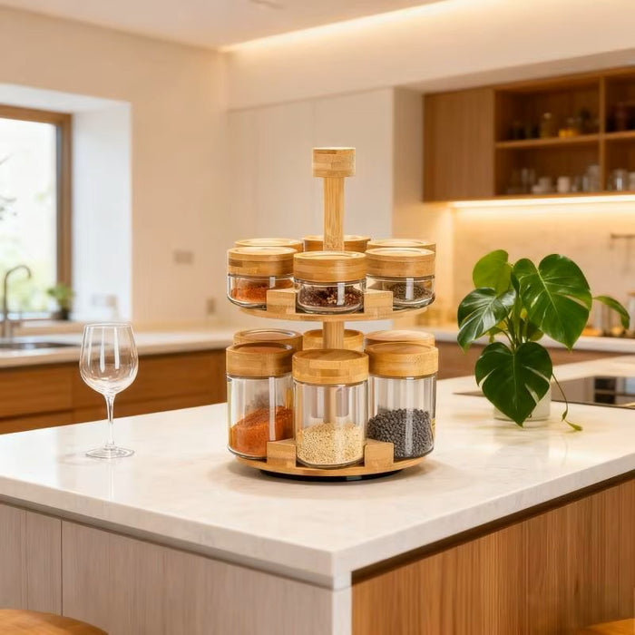 12 Glass Jars Rotating Bamboo Spice Rack Set X1586
