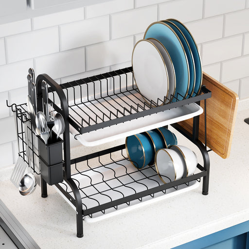 2-Tier Black Metal Drying Dish Rack with Utensil Holder WL-FG266 X1589