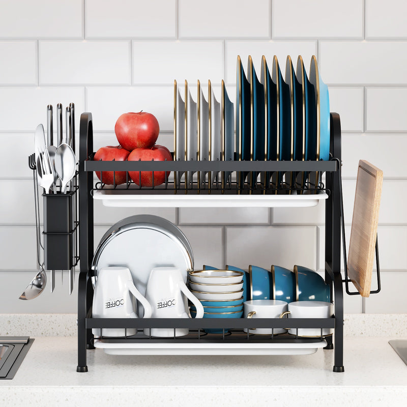 2-Tier Black Metal Drying Dish Rack with Utensil Holder WL-FG266 X1589