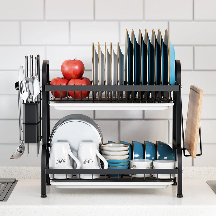 2-Tier Black Metal Drying Dish Rack with Utensil Holder WL-FG266 X1589