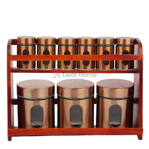 Cooper 9 Pcs Spice Set + Wood Stand Dark Cherry Stand Kitchenware