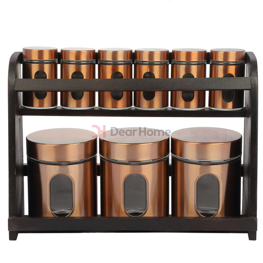 Cooper 9 Pcs Spice Set + Wood Stand Brown Stand Kitchenware