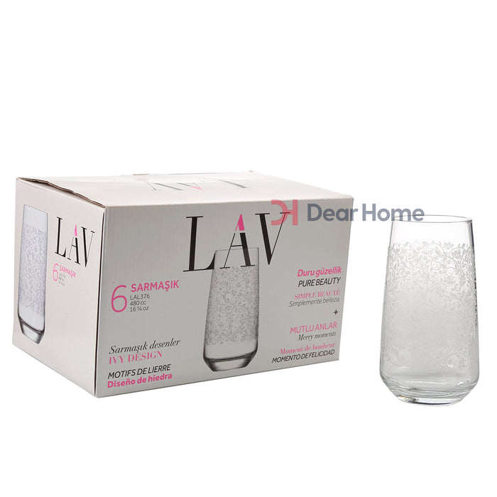 LAV SARMASIK 6PCS LONG 480cc GLASS CUP WITH DESIGN