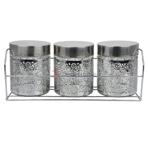 Stainless Flower Small 3Pcs Jars + Stand Kitchenware