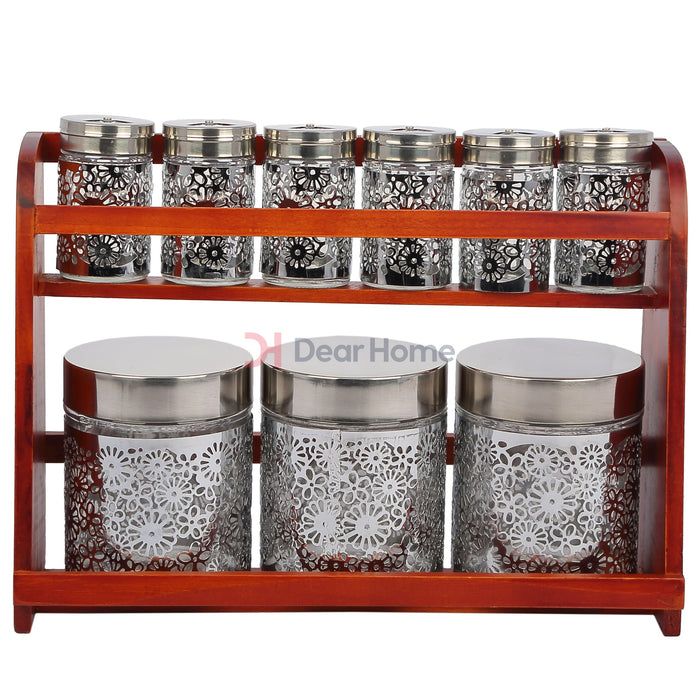 Ss Flower 9 Pcs Spice Set + Wood Stand Dark Cherry Stand Kitchenware