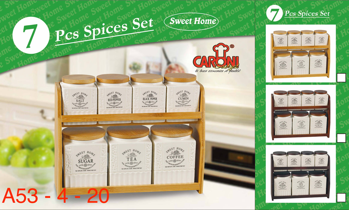 Porcelain 7 Pcs Spice Set On Wood Stand Kitchenware