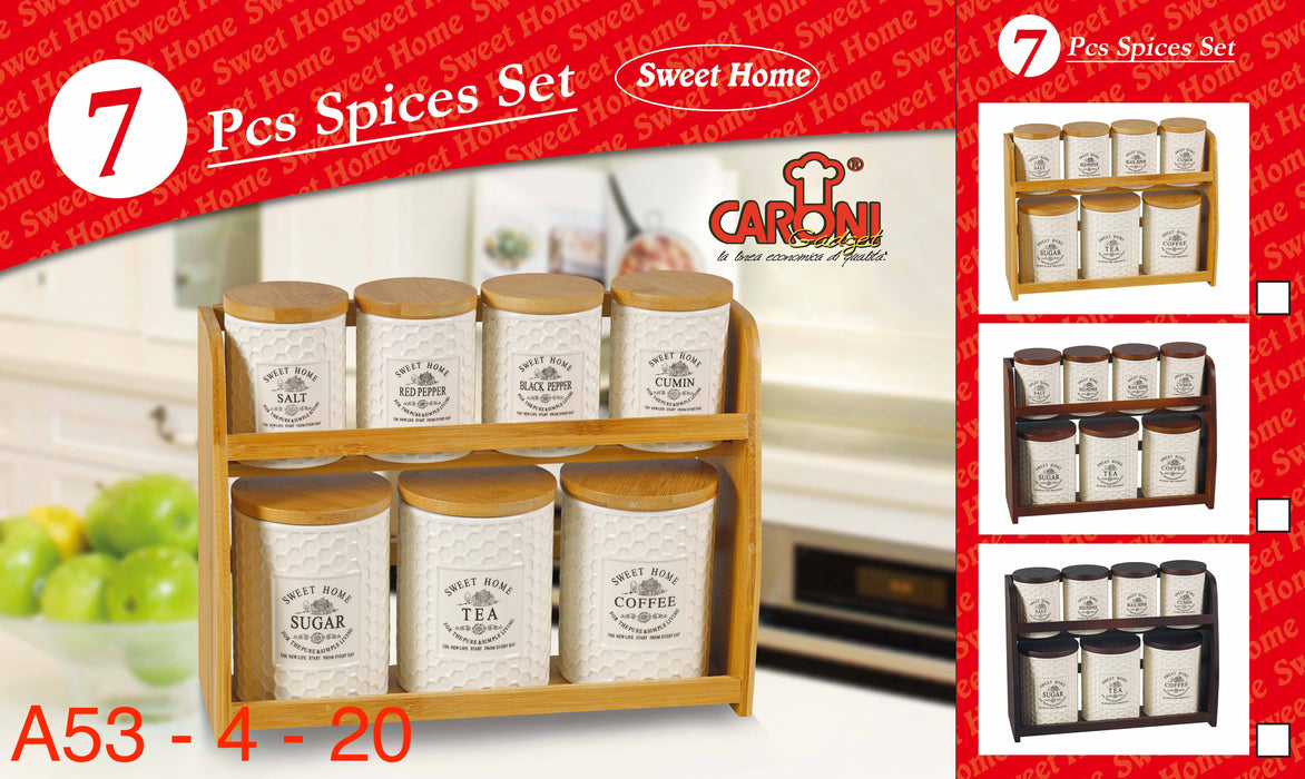 Porcelain 7 Pcs Spice Set On Wood Stand Kitchenware