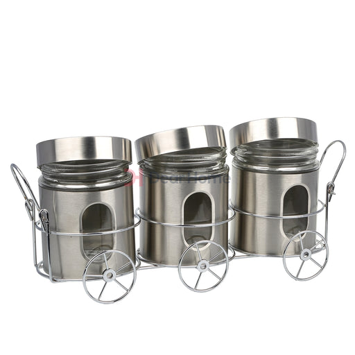 Stainless 3 Pcs Jars + Roller Stand Kitchenware