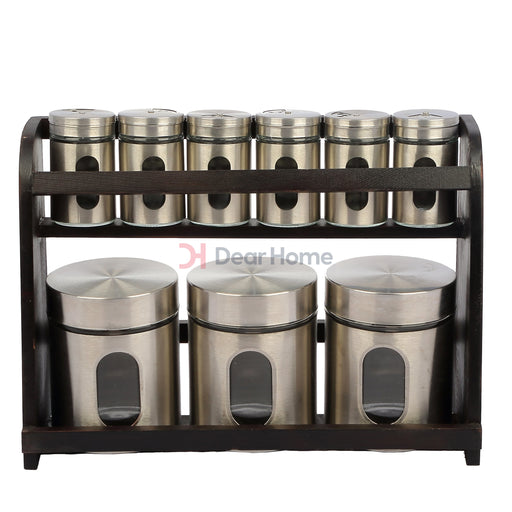 Stainless 9 Pcs Spice Set + Wood Stand Brown Stand Kitchenware