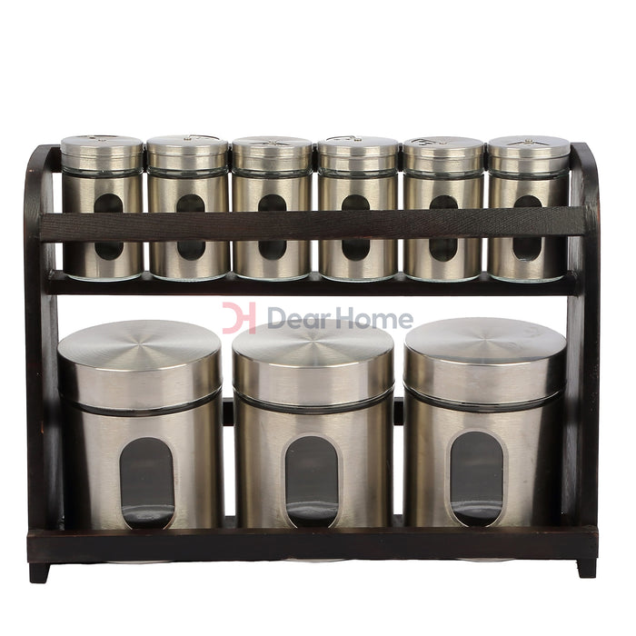 Stainless 9 Pcs Spice Set + Wood Stand Brown Stand Kitchenware