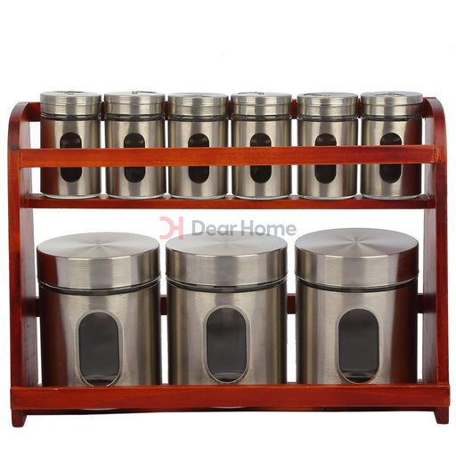 Stainless 9 Pcs Spice Set + Wood Stand Dark Cherry Stand Kitchenware
