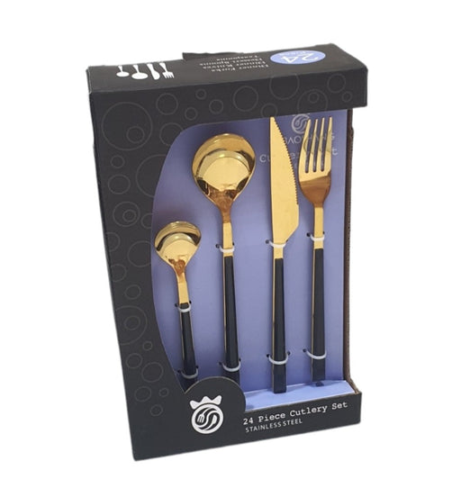 24PCS GOLD CUTLERY SET WITH BLACK HANDLE