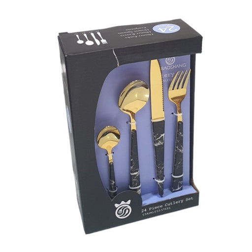 24PCS GOLD CUTLERY BLACK MARBLE HANDLE